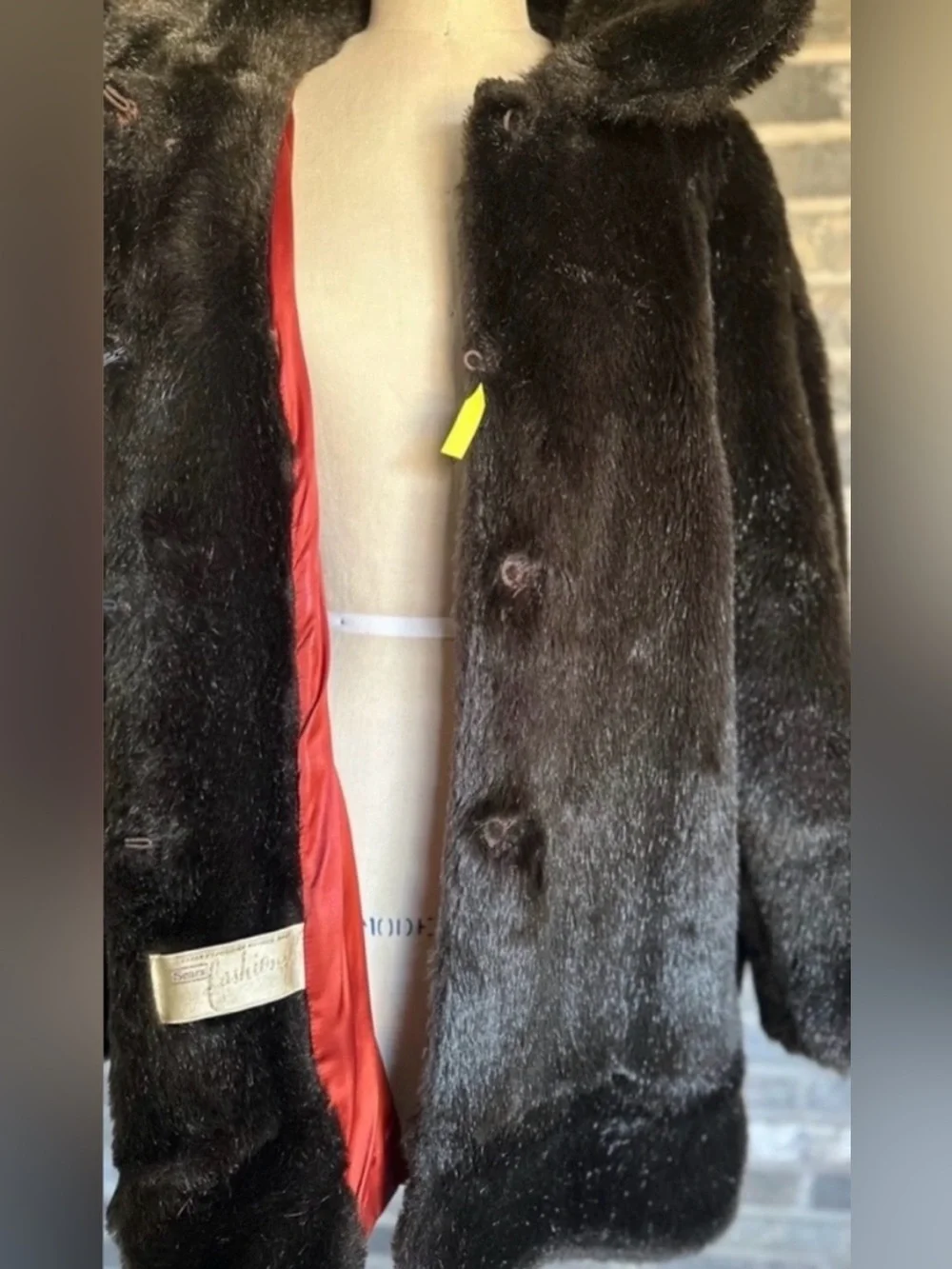 Vintage Sears Fashions Faux Fur Coat Brown Shaggy Mod Glam Womens 12